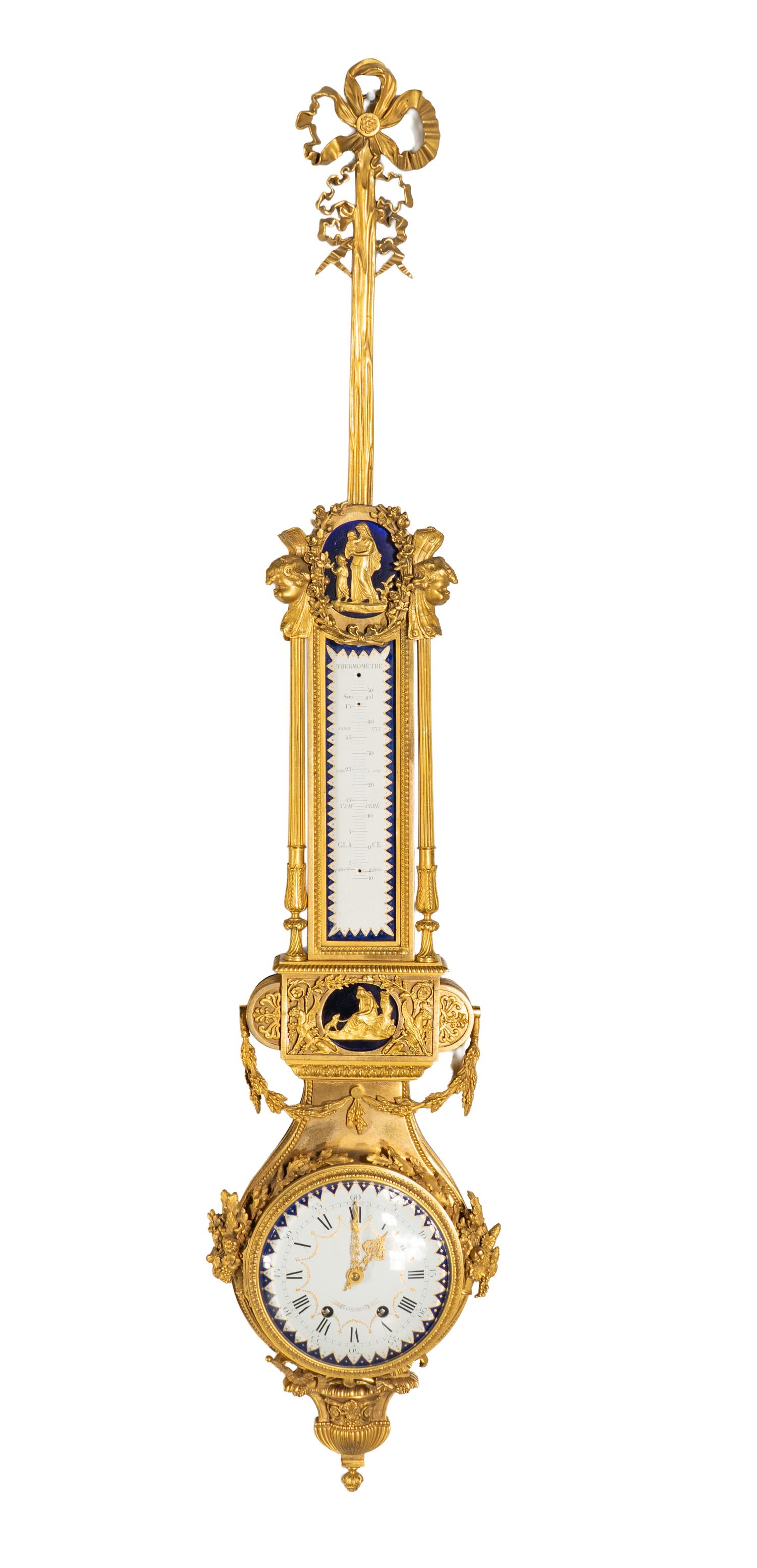 A French Gilt Bronze, Blue Steel, and Enamel Cartel d'Applique and Barometer