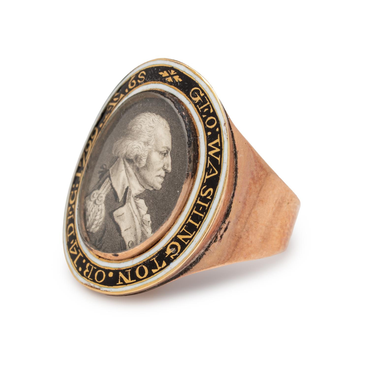 [WASHINGTON, George (1732-1799)]. SAINT-MEMIN, Charles Balthazar Julien Févret de (1770-1852). Gold alloy and enamel mourning ring purportedly bequeathed in Washington's last will and testament. Circa 1800.