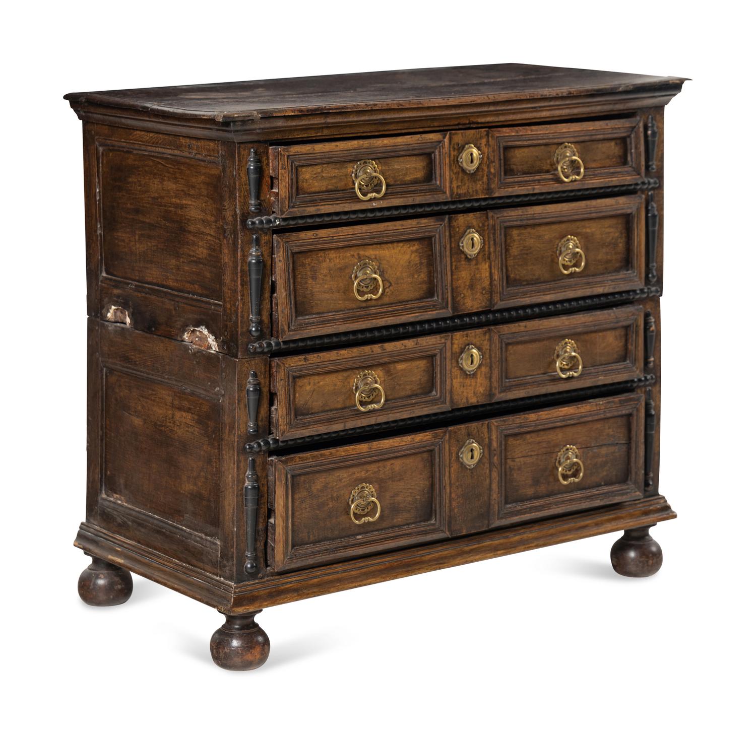 A William and Mary Part-Ebonized Oak Chest of Drawers