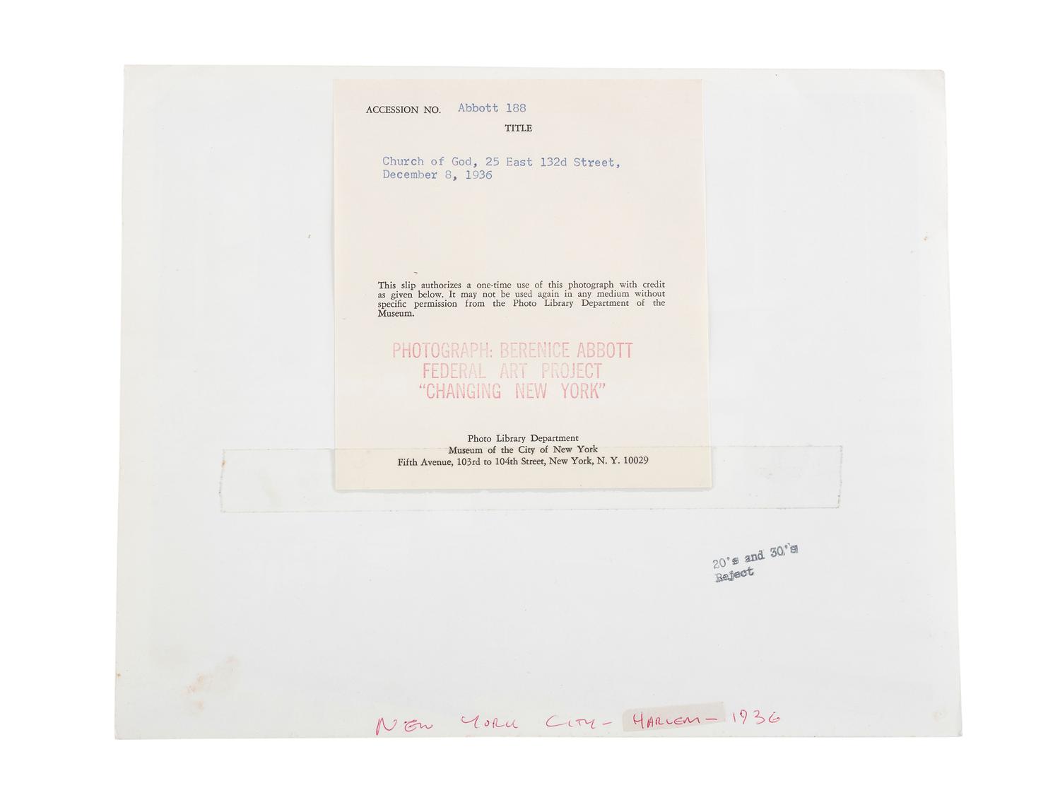 ABBOTT, Berenice (1898-1991), photographer. Church of God, 25 East 132nd Street, December 8, 1936 . Printed later by Museum of the City of New York, ca 1970s.