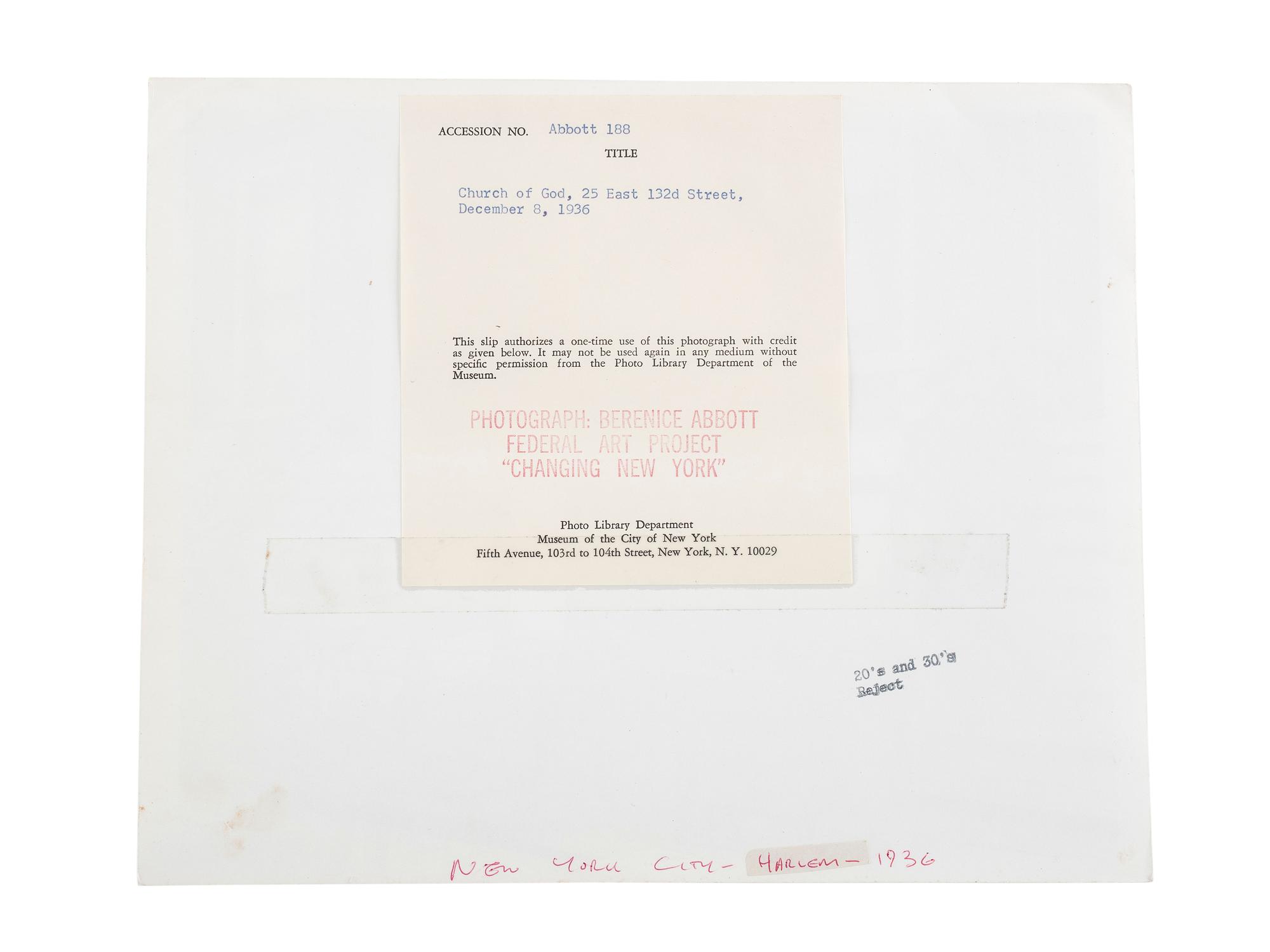 ABBOTT, Berenice (1898-1991), photographer. Church of God, 25 East 132nd Street, December 8, 1936 . Printed later by Museum of the City of New York, ca 1970s.