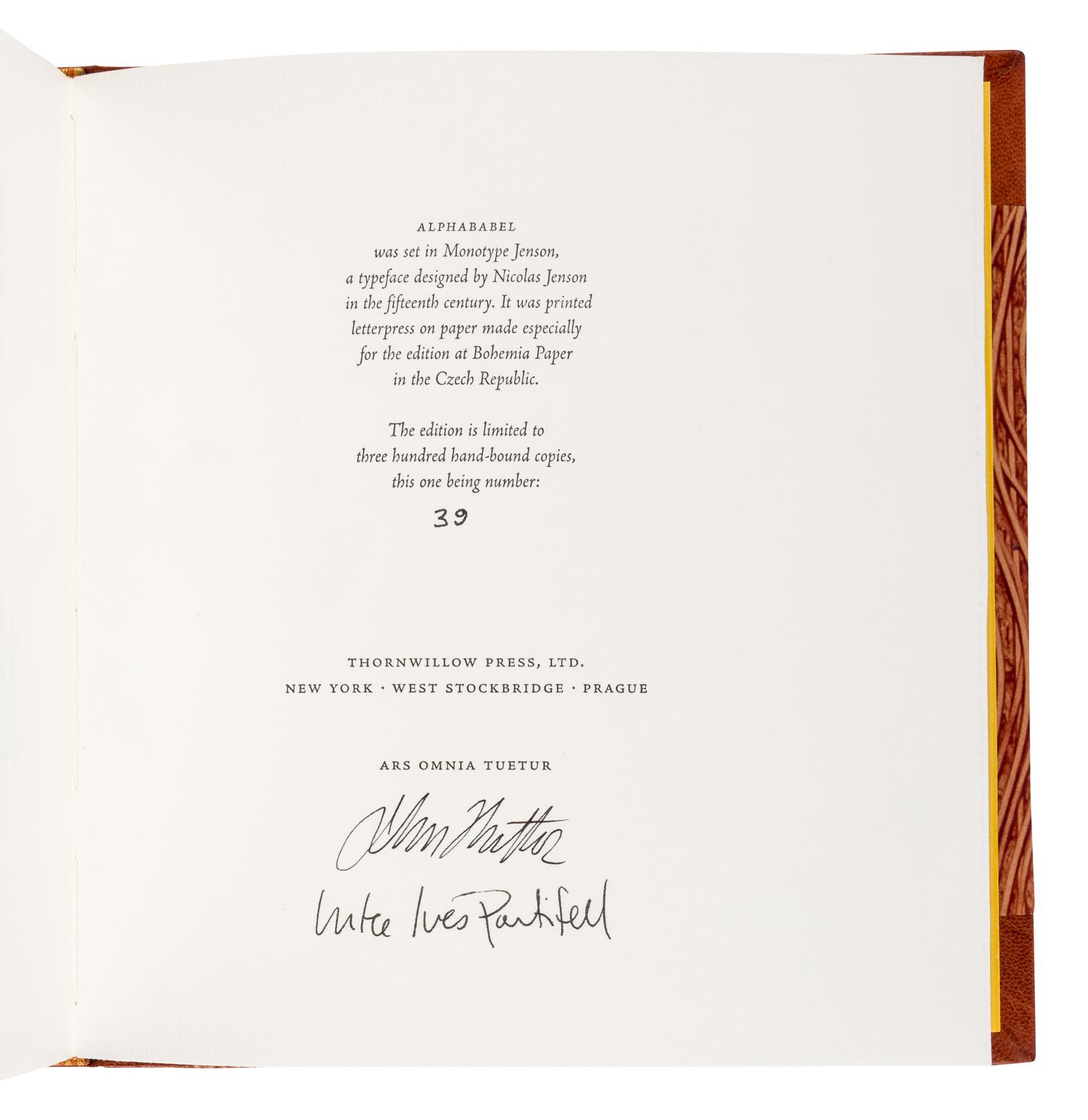[THORNWILLOW PRESS]. PONTIFELL, Charlotte & Savine. Alphababel: An Illustrated Tower of Languabets . [Newburgh, NY]: Thornwillow Press, 2001.