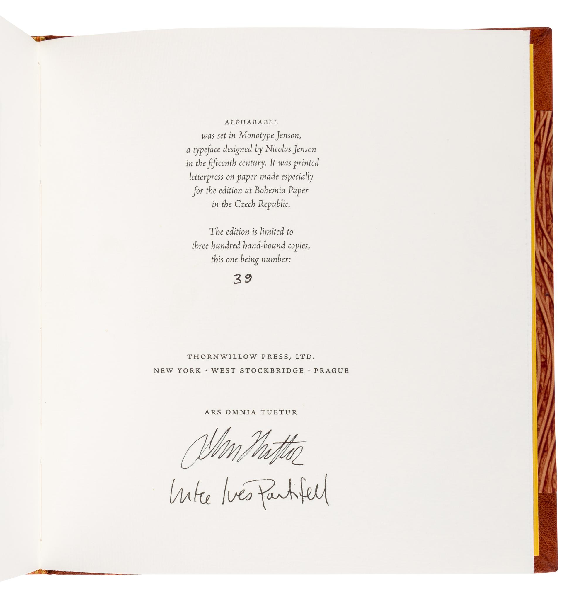 [THORNWILLOW PRESS]. PONTIFELL, Charlotte & Savine. Alphababel: An Illustrated Tower of Languabets . [Newburgh, NY]: Thornwillow Press, 2001.