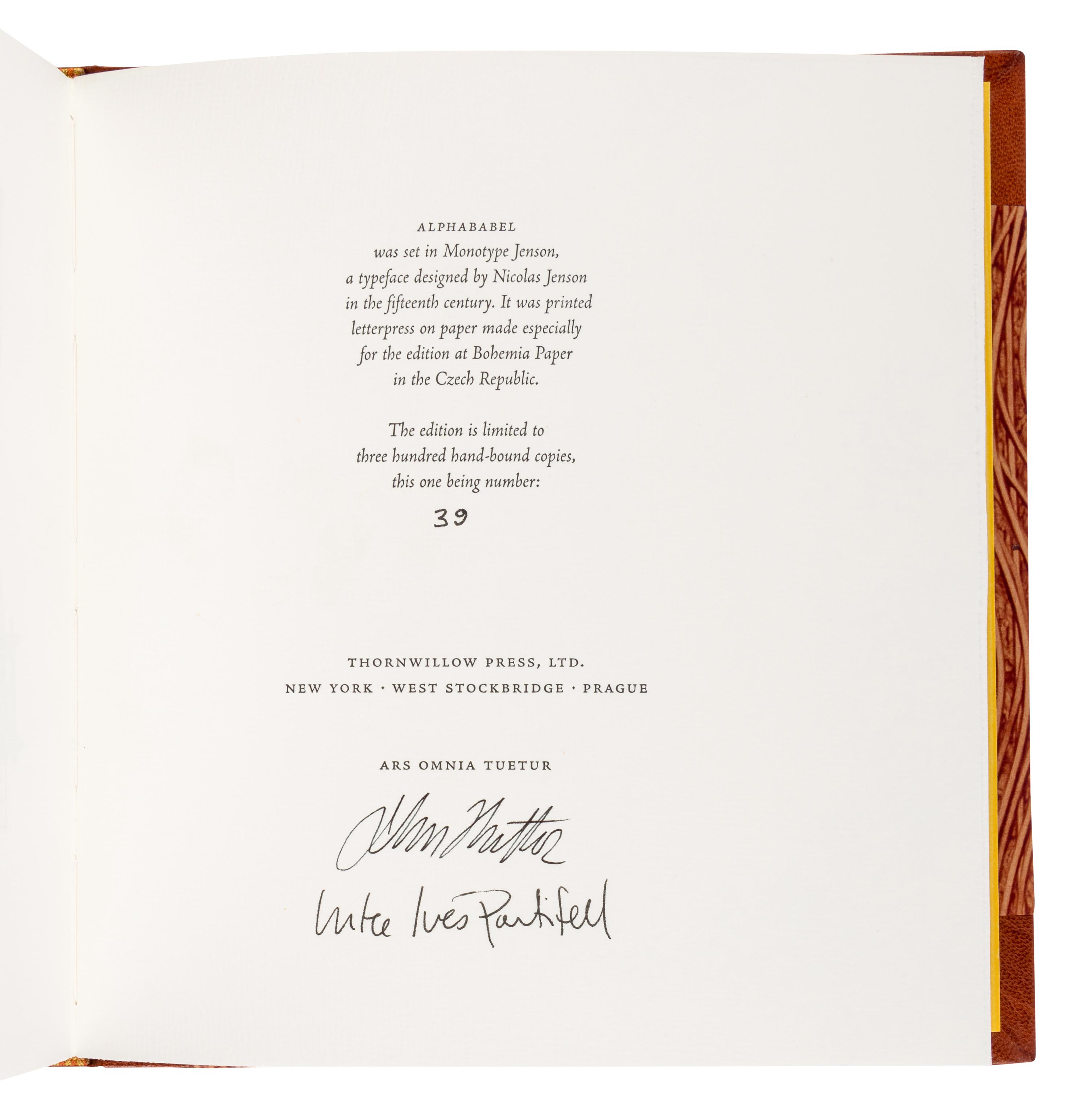 [THORNWILLOW PRESS]. PONTIFELL, Charlotte & Savine. Alphababel: An Illustrated Tower of Languabets . [Newburgh, NY]: Thornwillow Press, 2001.