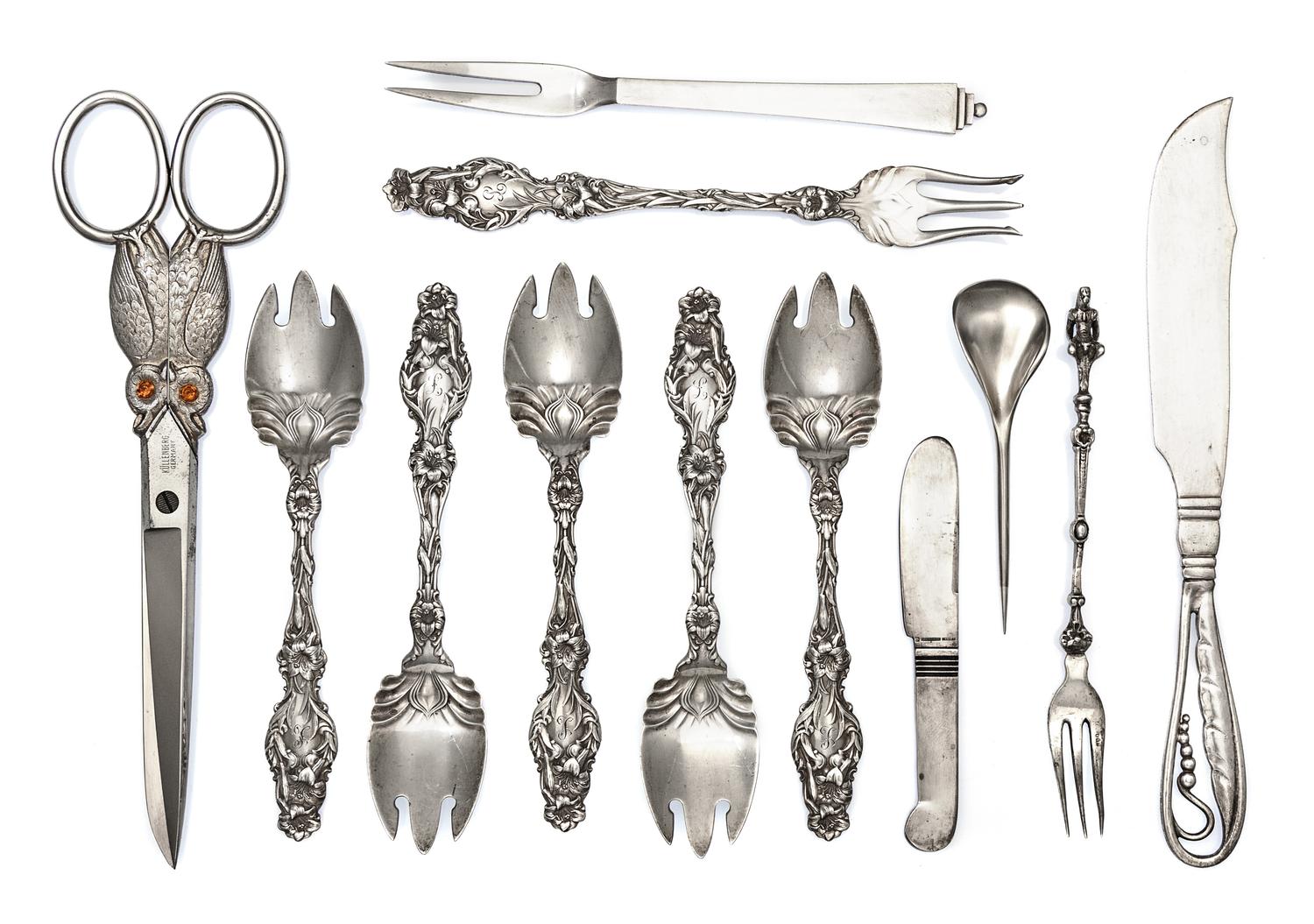 A Group of Silver Flatware Articles, various makers, 20th Century, comprising a set of five American silver ice-cream forks and a cockt