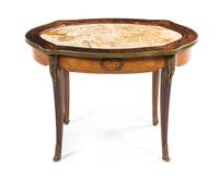 A Louis XV Style Marquetry and Gilt Metal Mounted Low Table, Height 20 1/4 x width 29 3/4 inches.