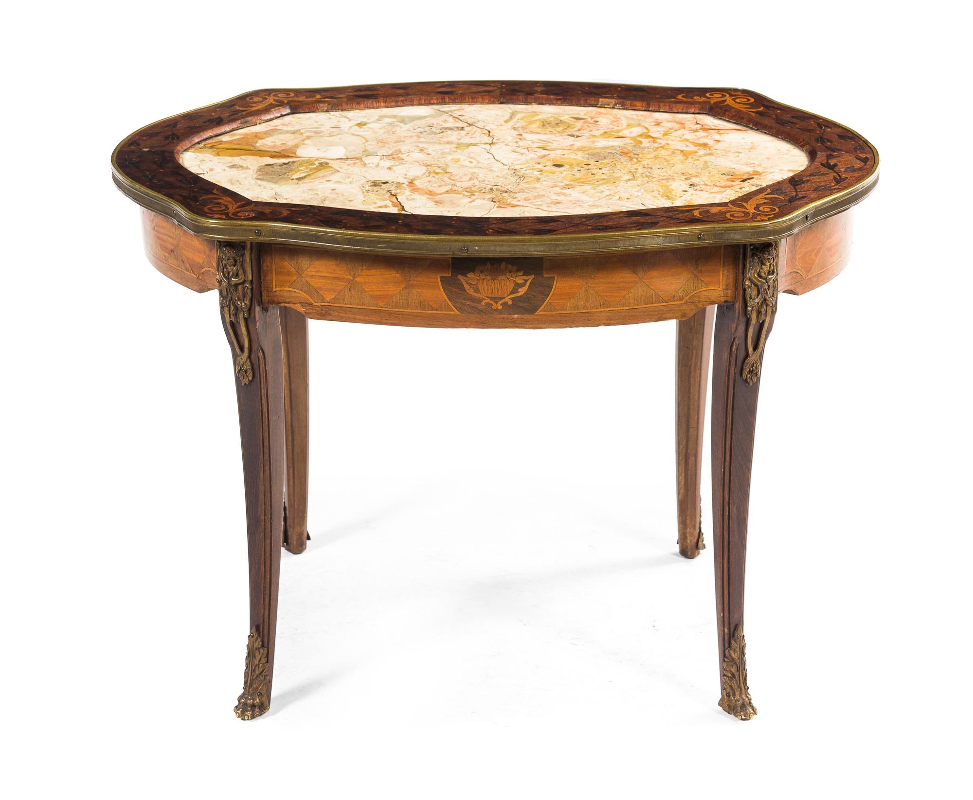 A Louis XV Style Marquetry and Gilt Metal Mounted Low Table, Height 20 1/4 x width 29 3/4 inches.