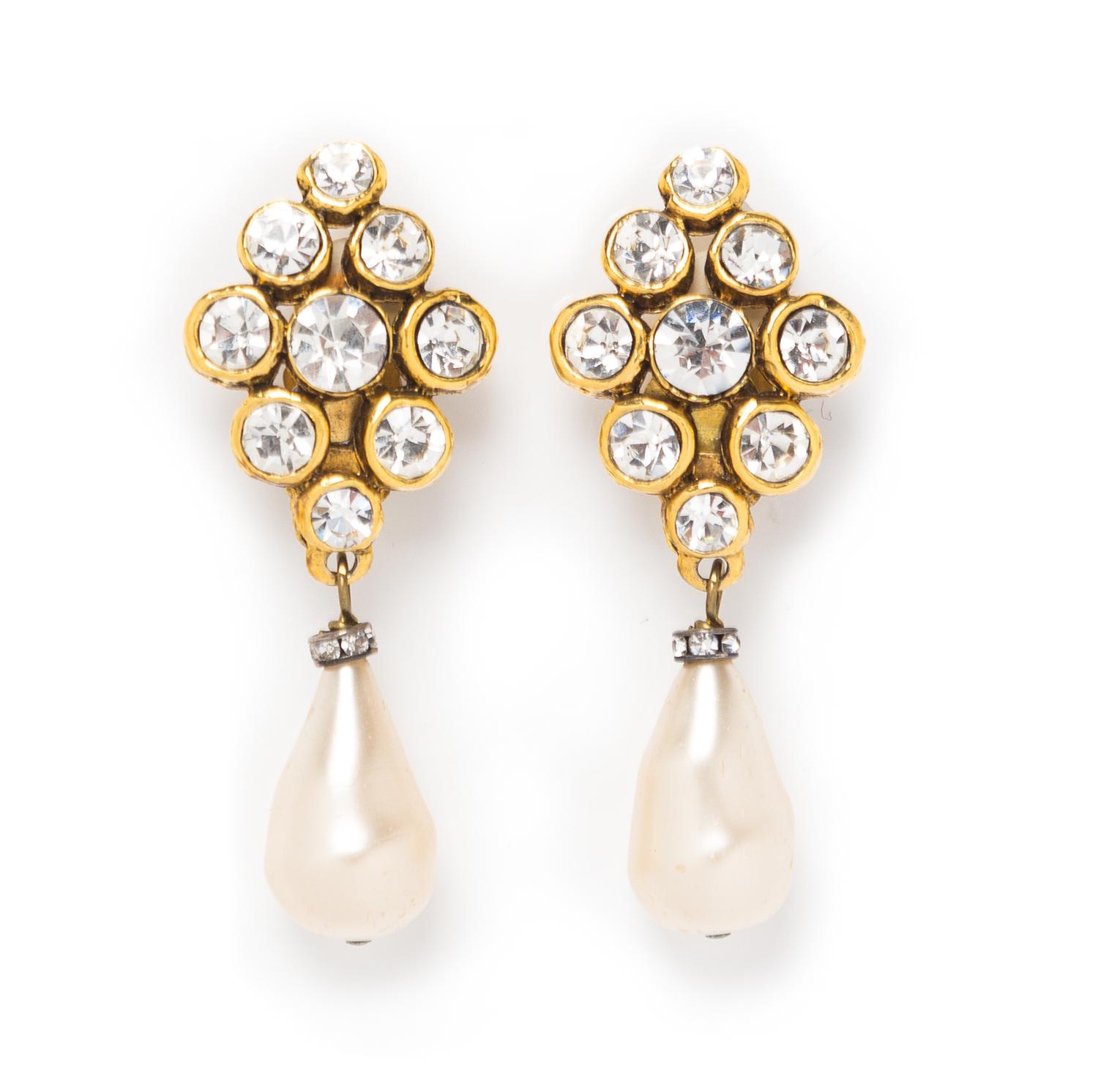 A Pair of Chanel Rhinestone and Faux Pearl Drop Earclips, 2.5" x 1".