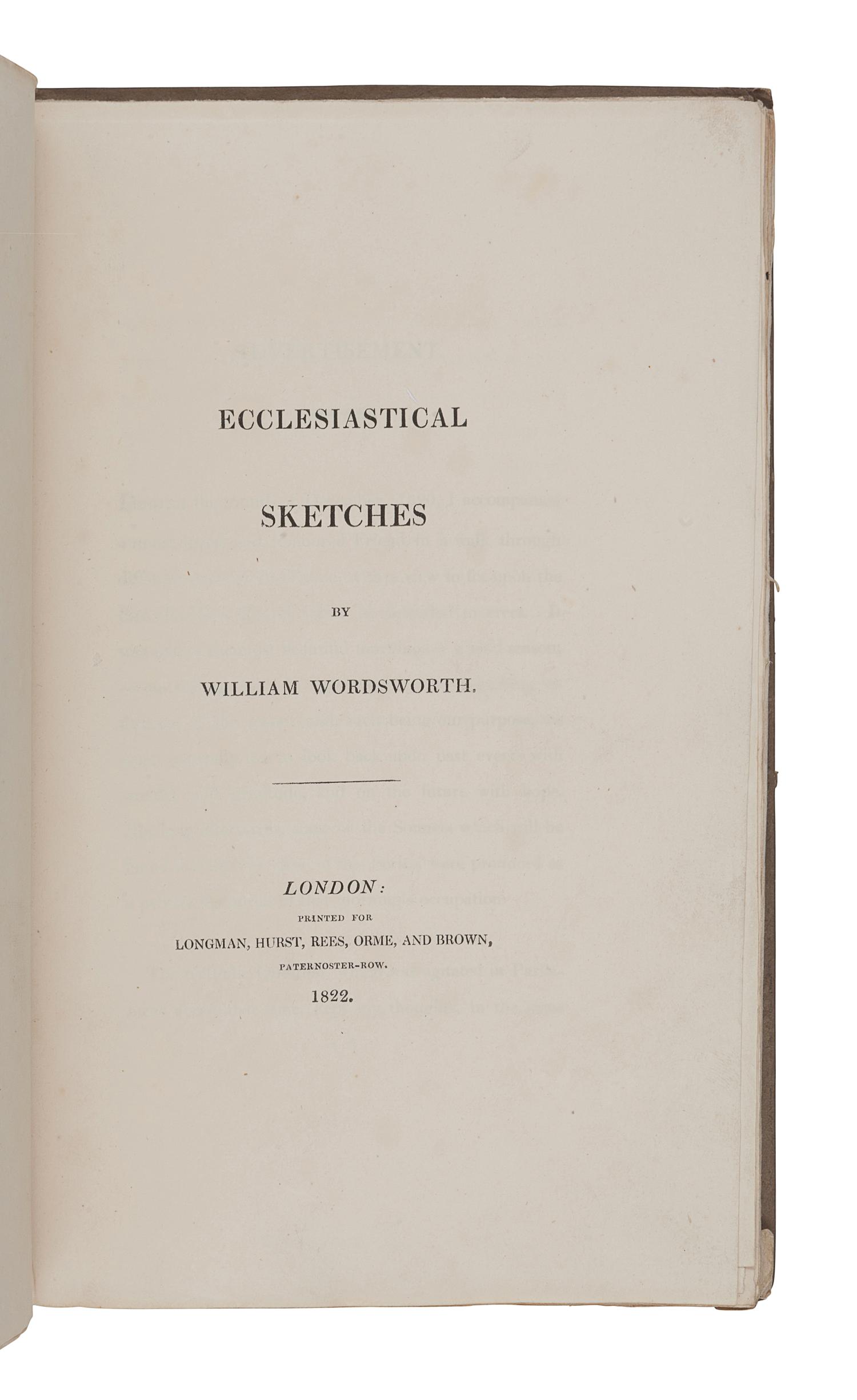 WORDSWORTH, William (1770-1850). Ecclesiastical Sketches . London: Longman, Hurst, Rees, Orme and Brown, 1822.