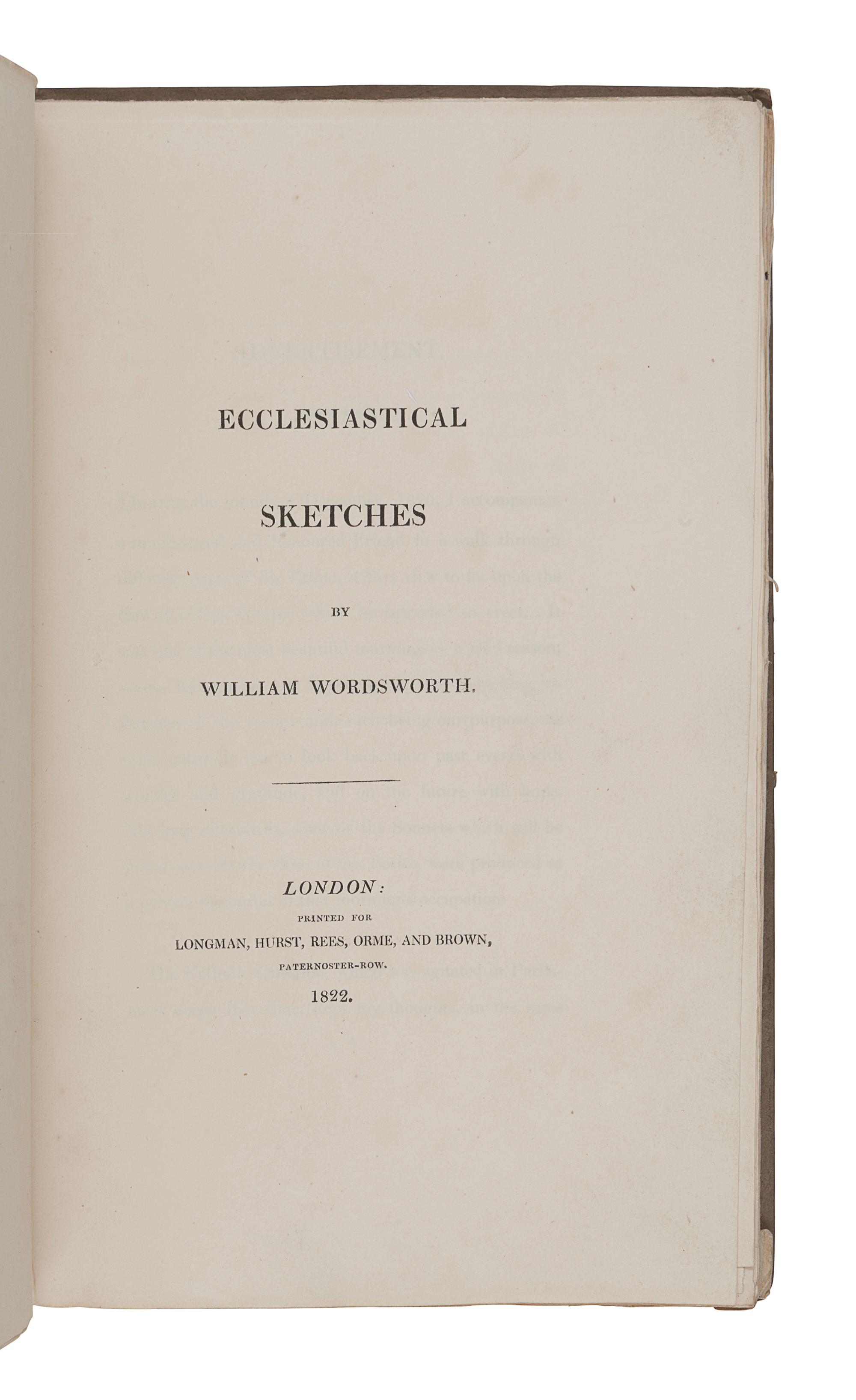 WORDSWORTH, William (1770-1850). Ecclesiastical Sketches . London: Longman, Hurst, Rees, Orme and Brown, 1822.