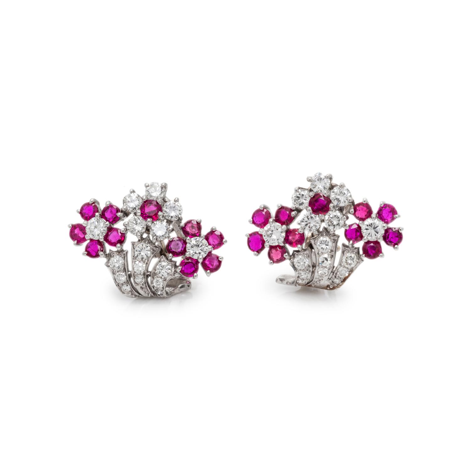 DIAMOND AND RUBY FLOWER EARCLIPS