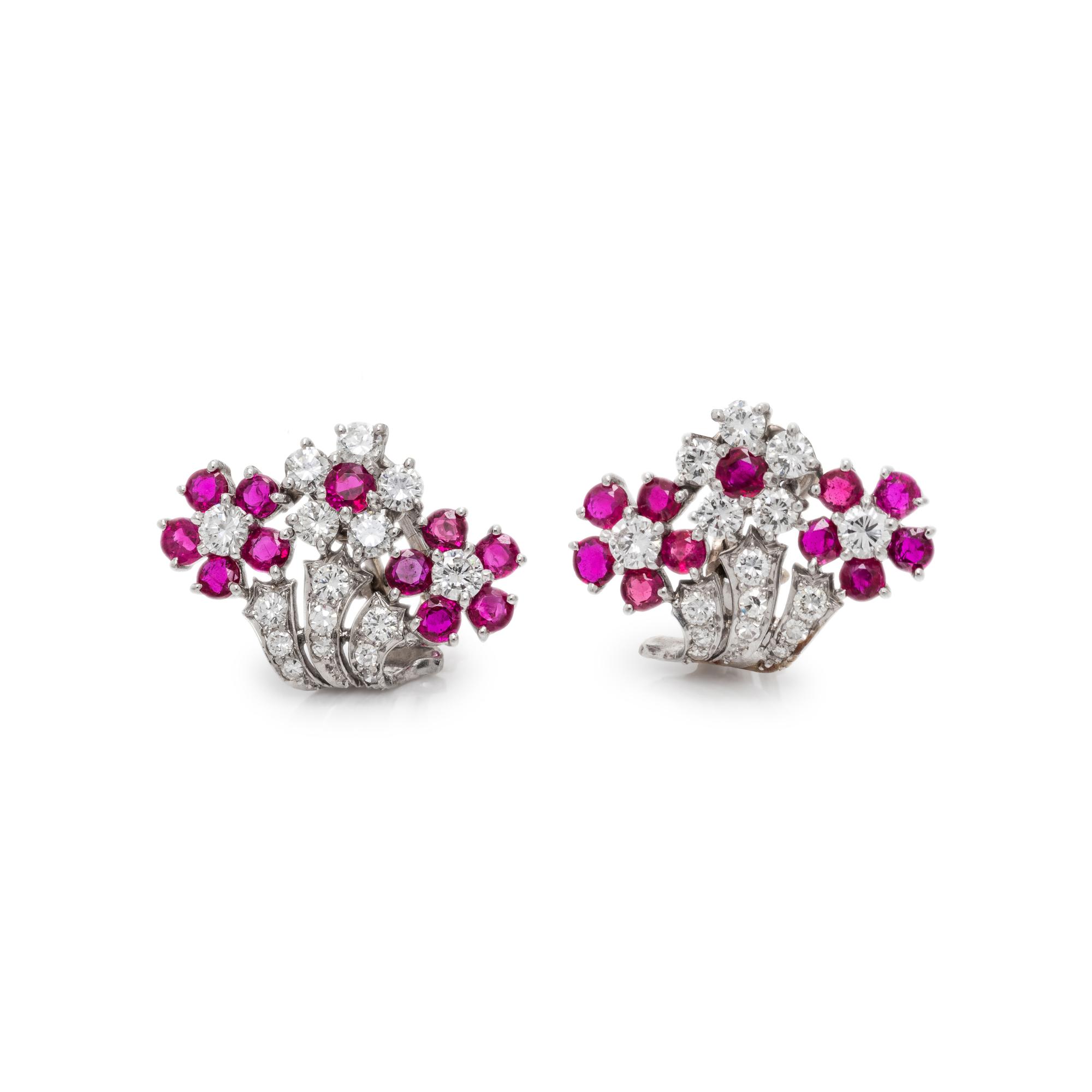 DIAMOND AND RUBY FLOWER EARCLIPS