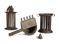 Two Tin Twelve-Hole Candle Molds, a Tin Five-Tube Wax Pourer and a Tin Candle Snuffer