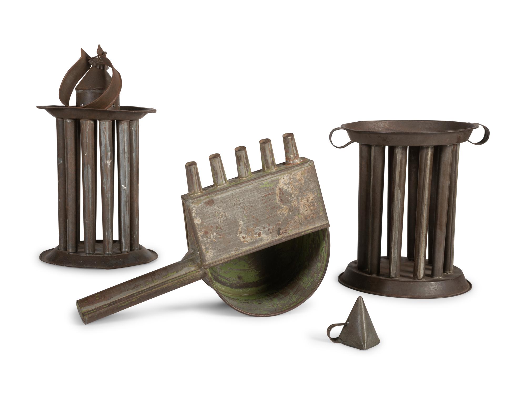 Two Tin Twelve-Hole Candle Molds, a Tin Five-Tube Wax Pourer and a Tin Candle Snuffer