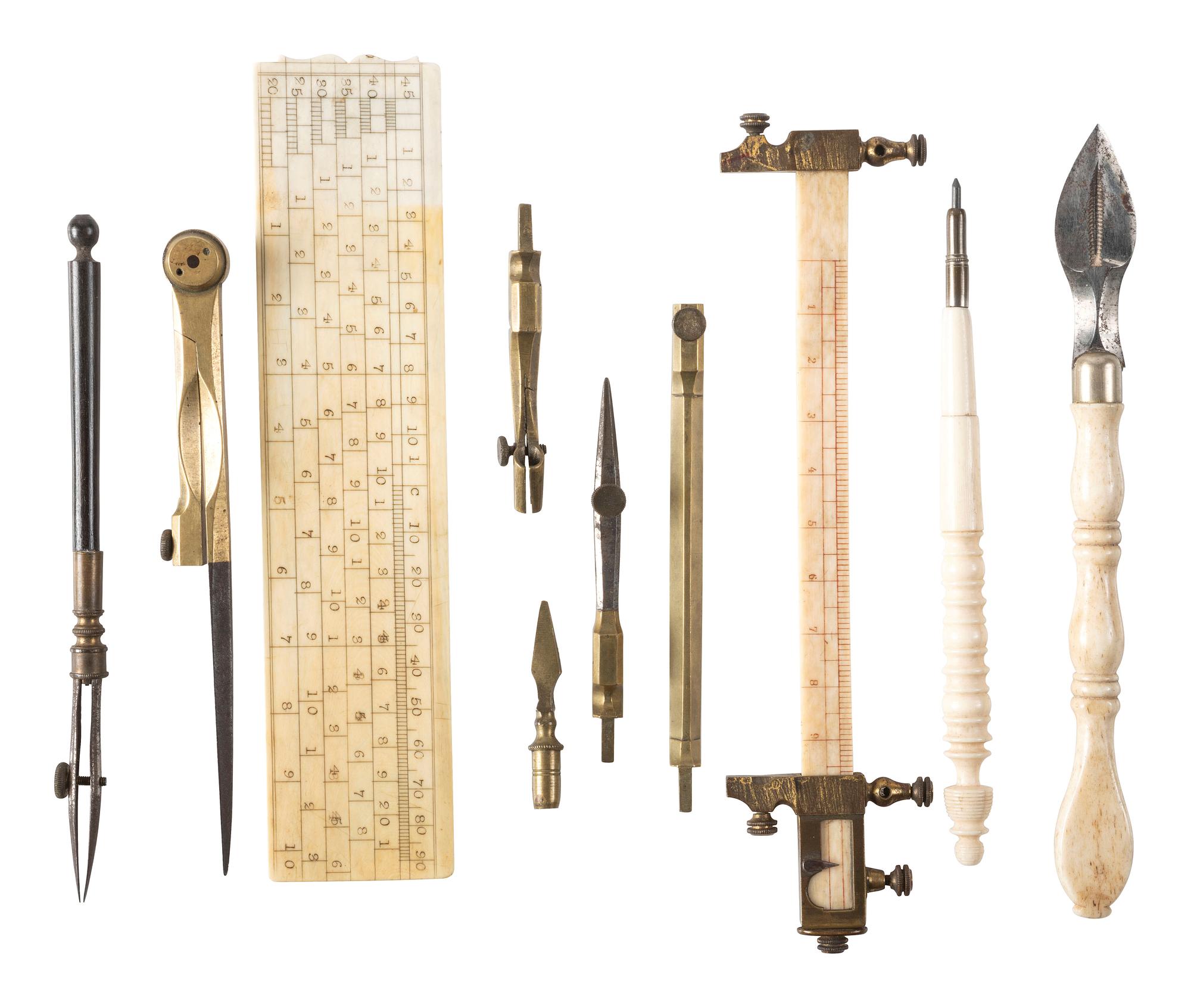[TOOLS & INSTRUMENTS]. Pocket drafting set with bone beam compass, mechanical pencil, and drafting eraser/sharpener. Ca late 18th-early 19th century.
