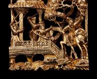 Two Chinese Gilt and Red Lacquered Wood Panels