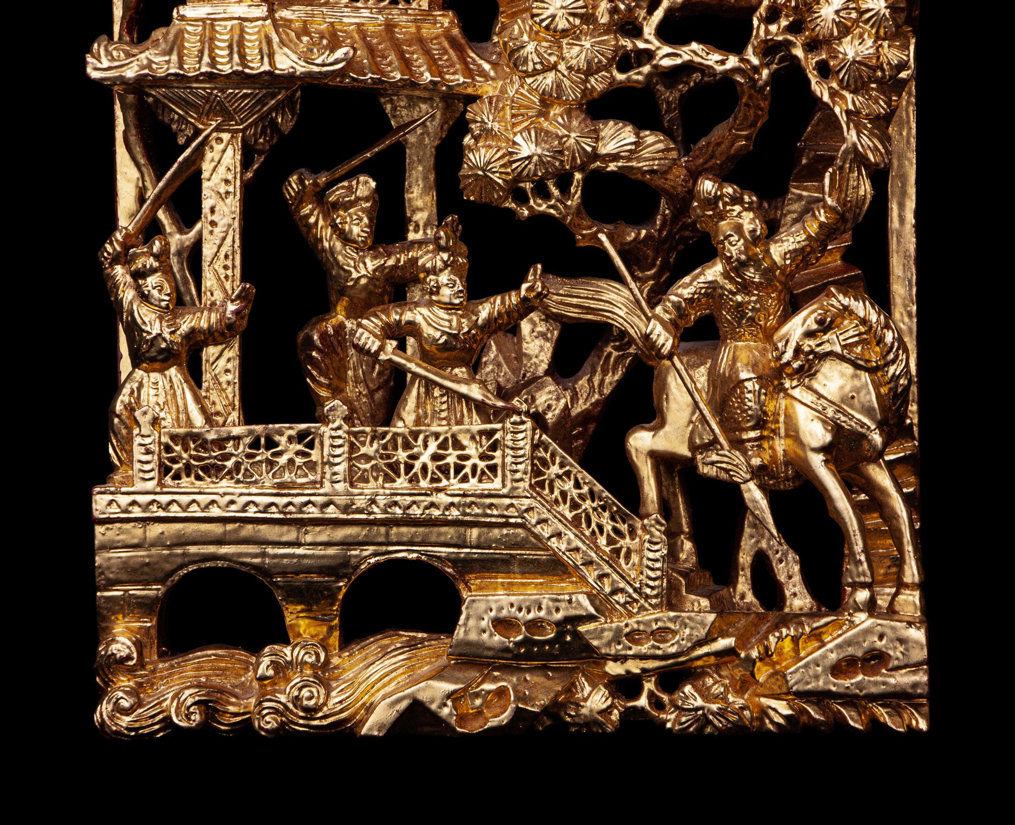 Two Chinese Gilt and Red Lacquered Wood Panels