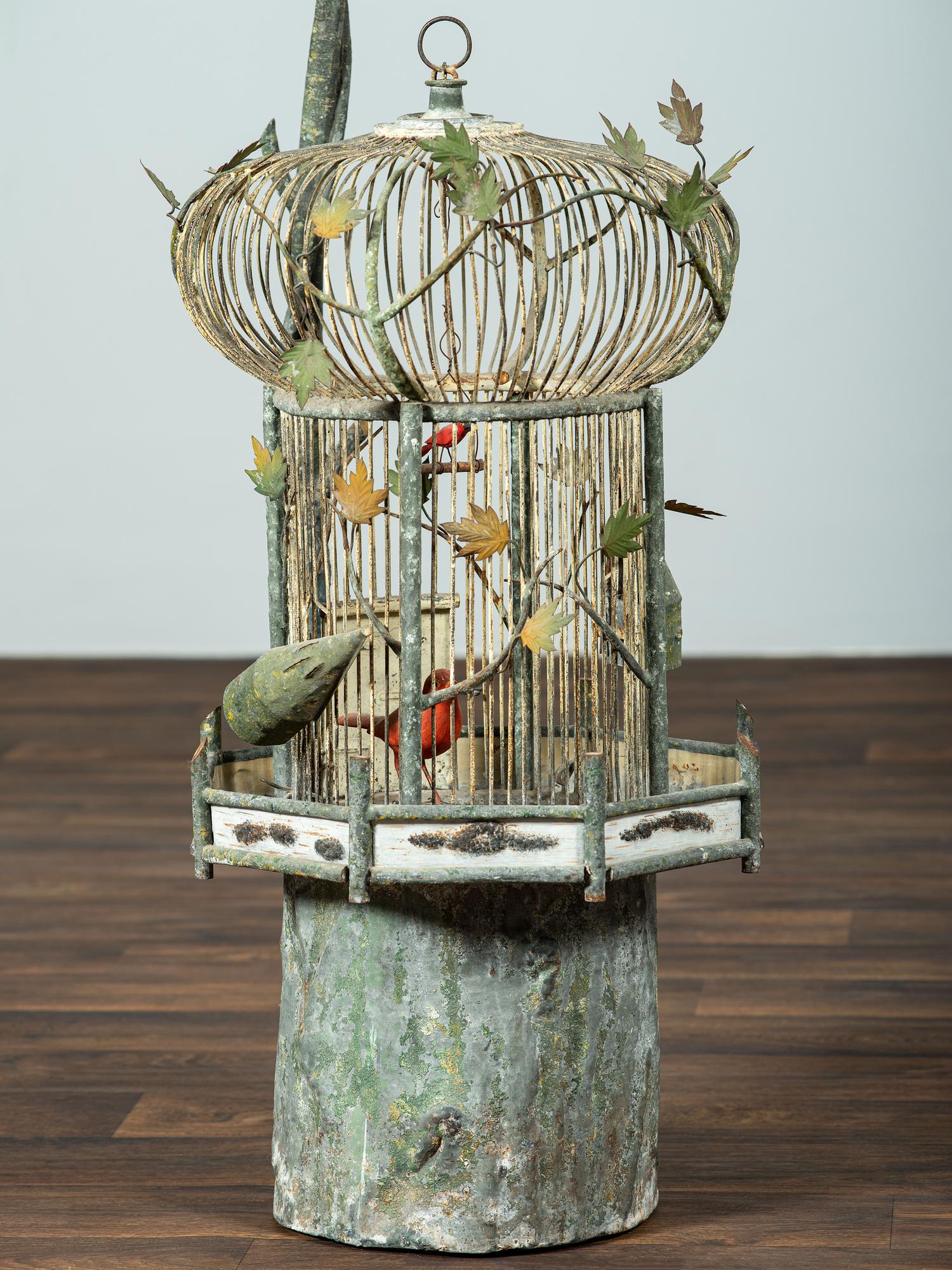 A Folk Art Painted Metal Bird Cage on Stand