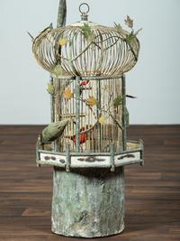 A Folk Art Painted Metal Bird Cage on Stand