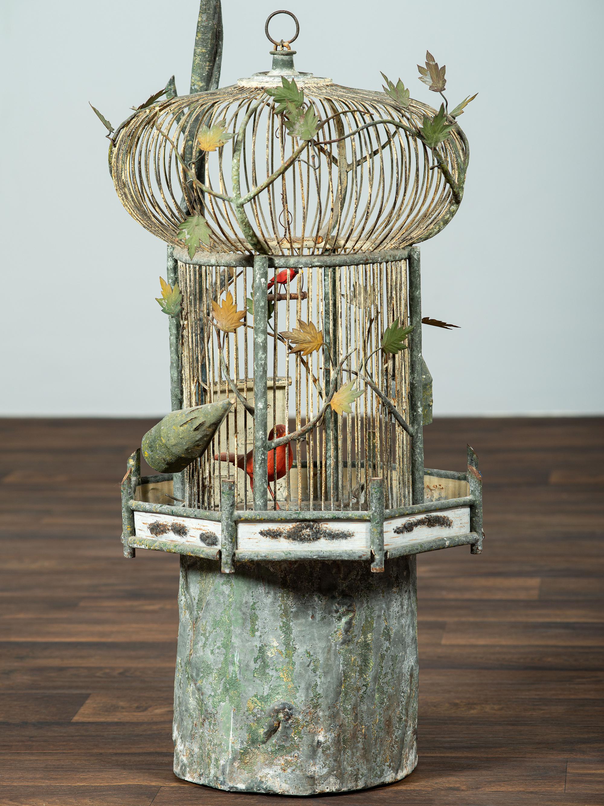 A Folk Art Painted Metal Bird Cage on Stand
