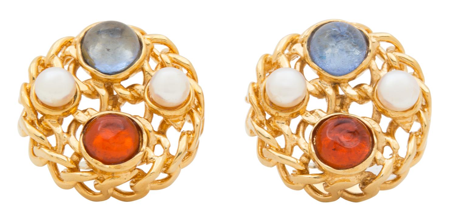 A Pair of Chanel Pearl and Gripoix Earclips, 1.5" diameter.