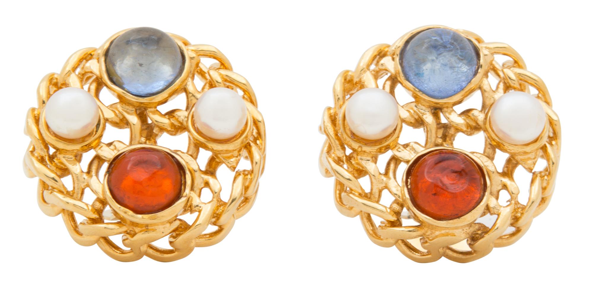 A Pair of Chanel Pearl and Gripoix Earclips, 1.5" diameter.