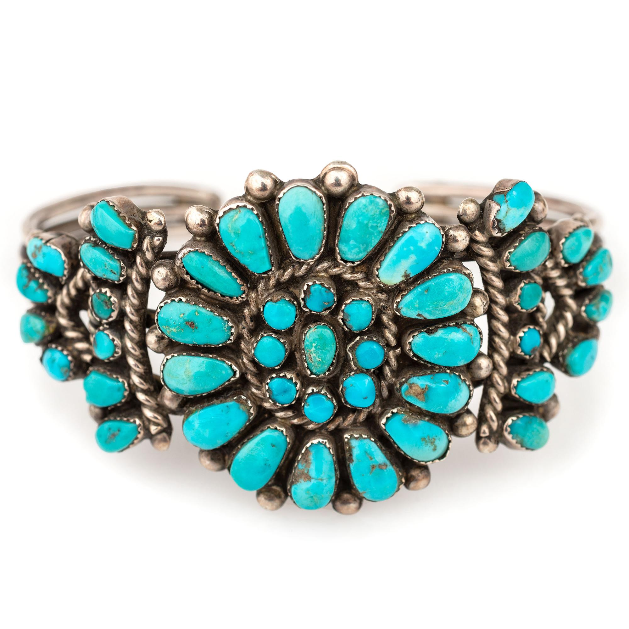 Zuni Silver and Turquoise Cluster Cuff Bracelet