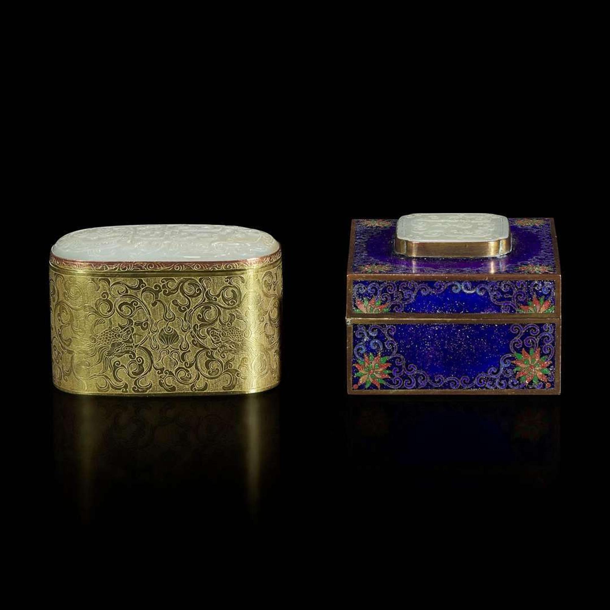 Two Chinese jade-mounted boxes 白玉嵌`金属盒子两件 The jades Qing dynasty ???
