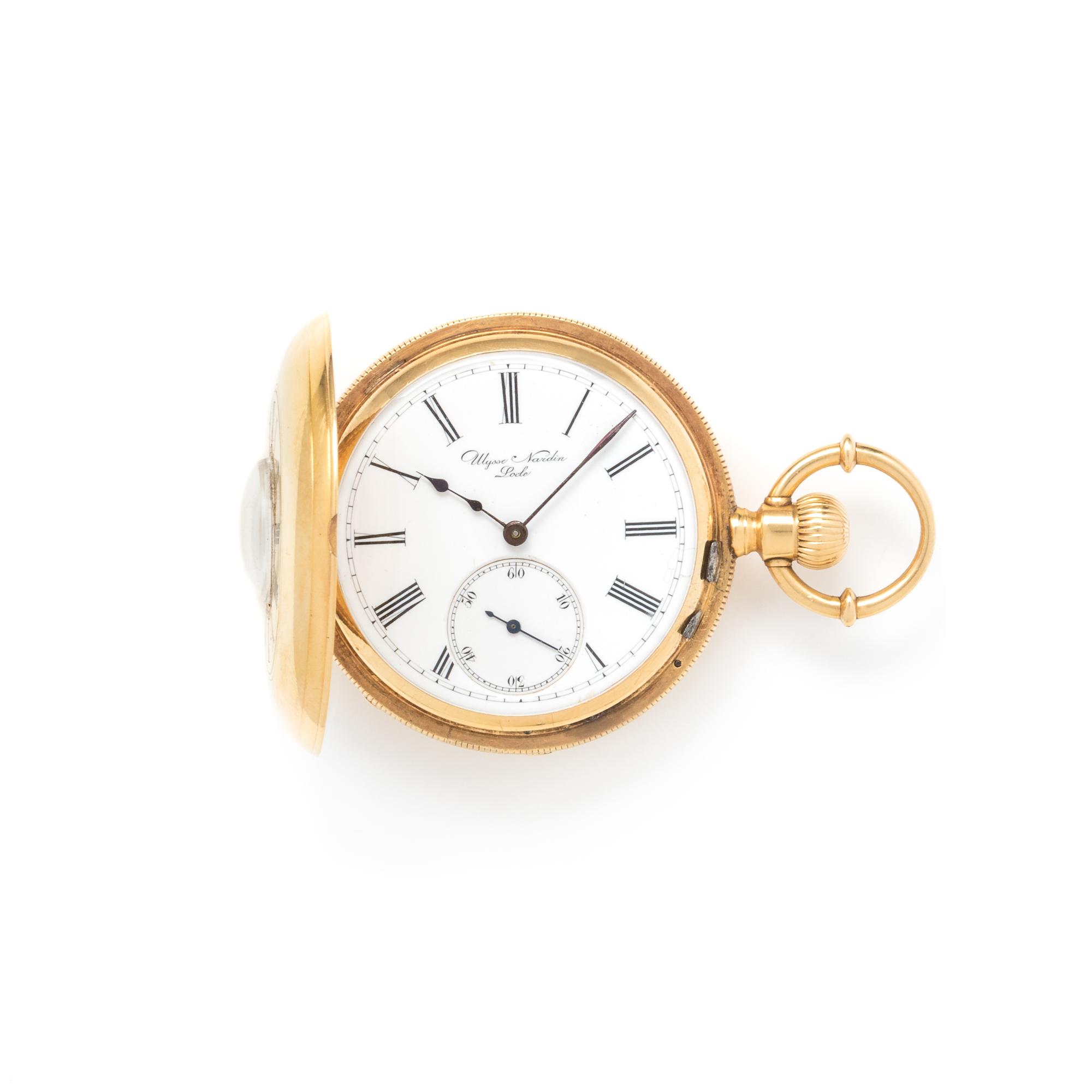 ULYSSE NARDIN, 18K YELLOW GOLD DEMI-HUNTER POCKET WATCH AND FOB CHAIN