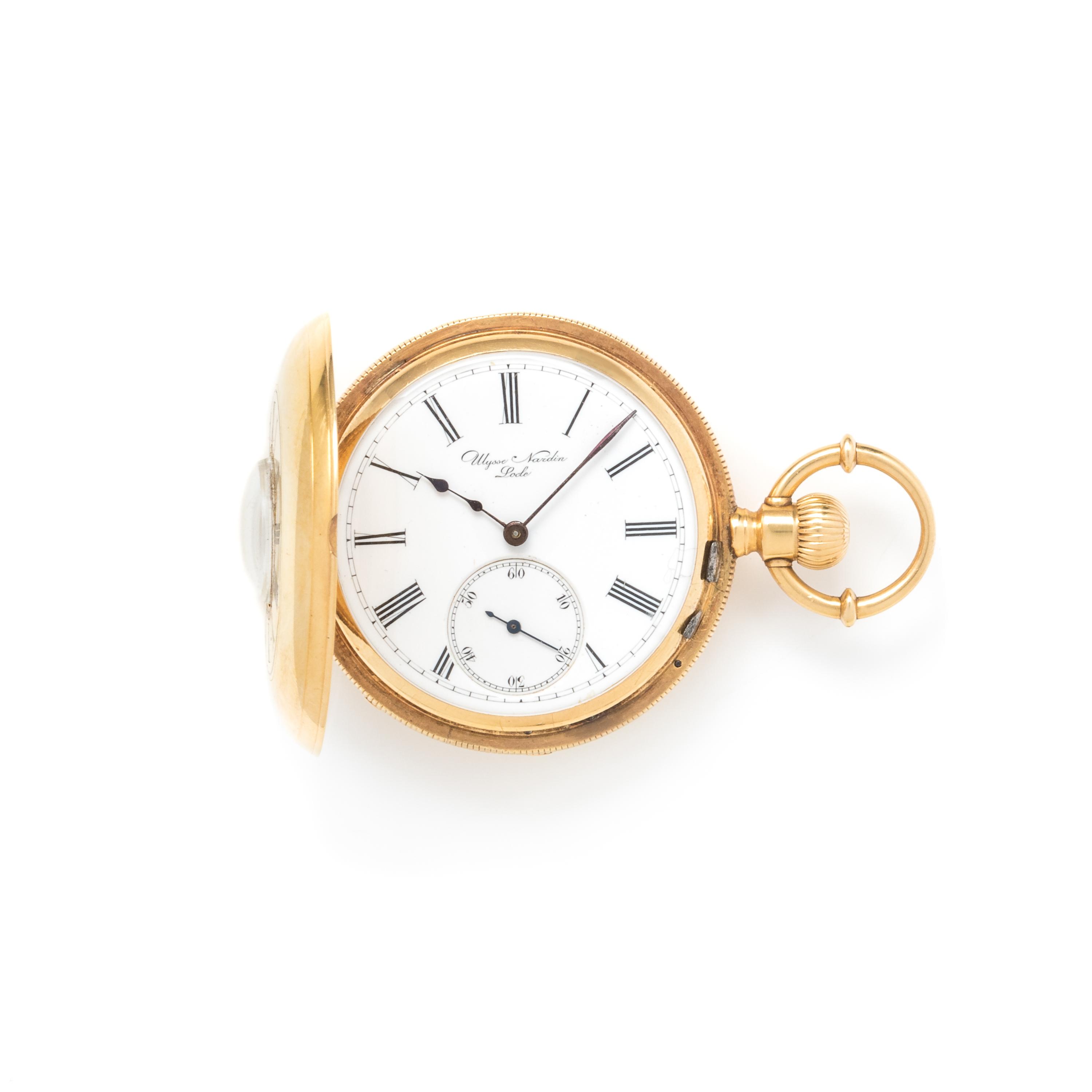 ULYSSE NARDIN, 18K YELLOW GOLD DEMI-HUNTER POCKET WATCH AND FOB CHAIN