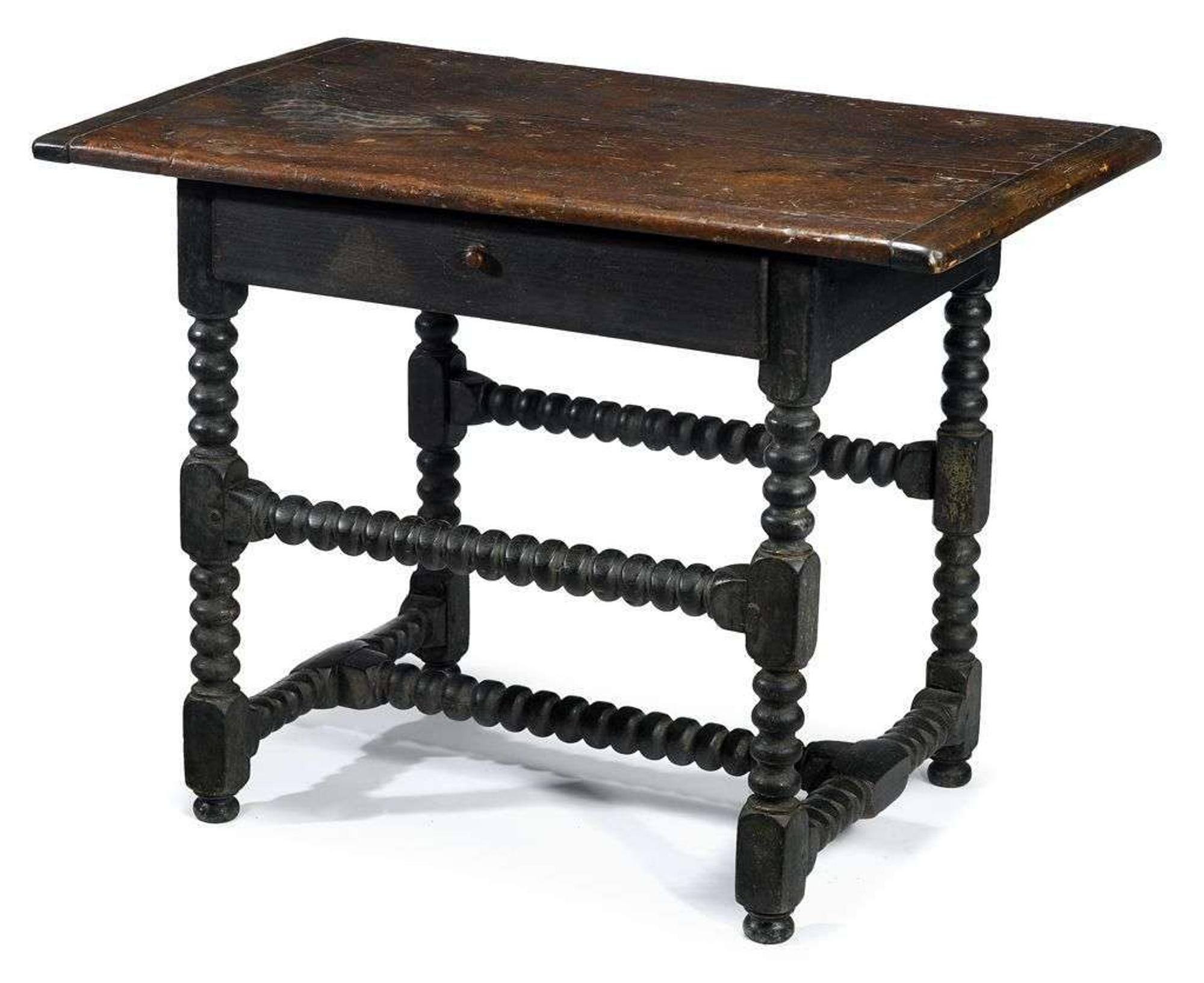 Rare William and Mary painted mixed wood turned stretcher table probably massachusetts, late 17th century