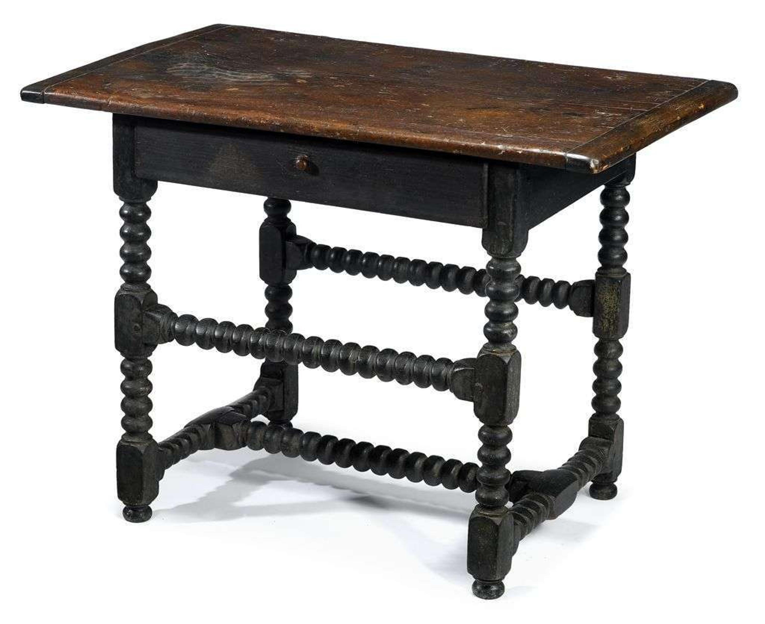 Rare William and Mary painted mixed wood turned stretcher table probably massachusetts, late 17th century