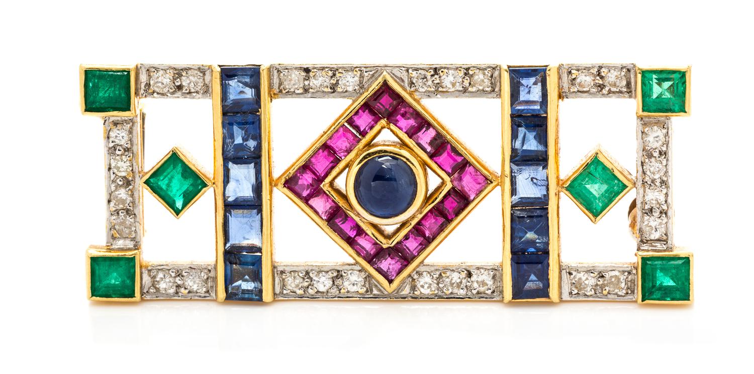 A Yellow Gold Sapphire, Ruby, Emerald and Diamond Brooch, 7.80 dwts.