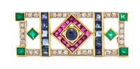A Yellow Gold Sapphire, Ruby, Emerald and Diamond Brooch, 7.80 dwts.