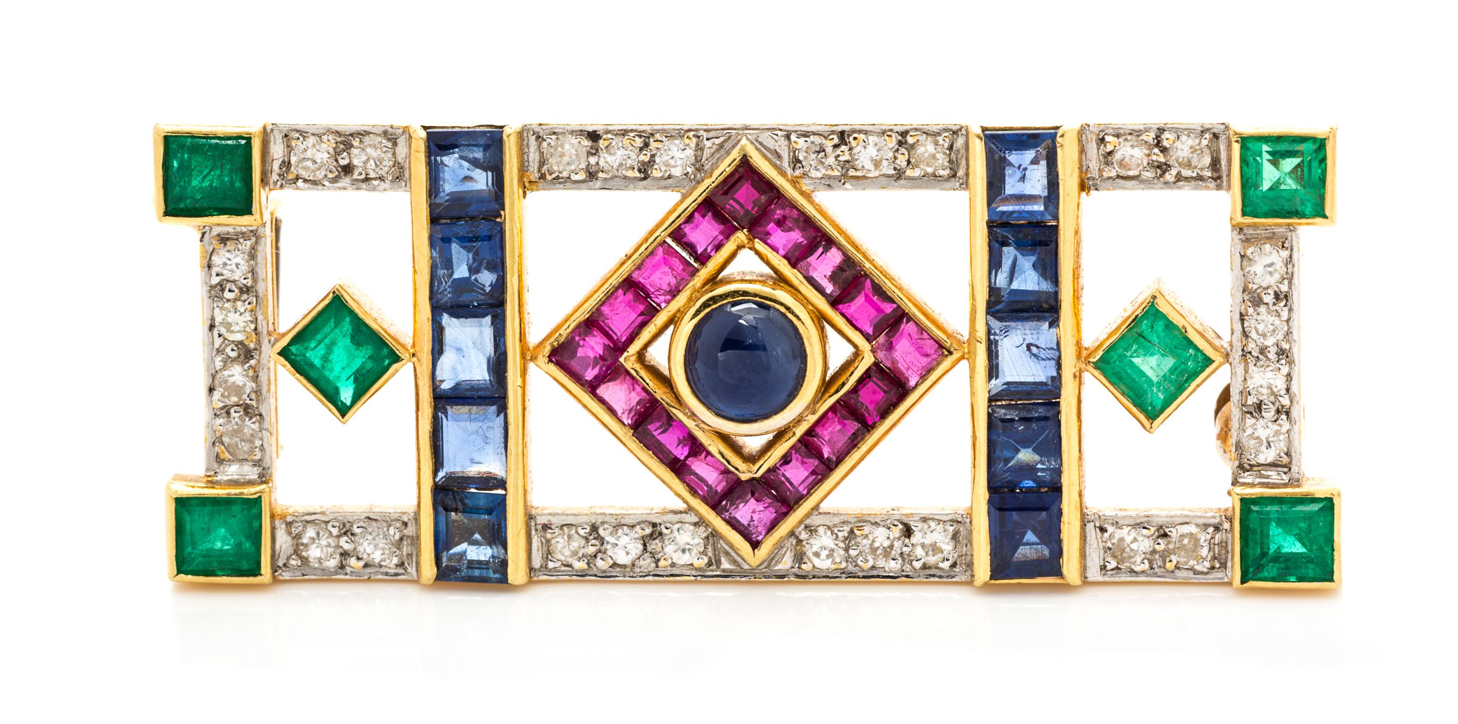 A Yellow Gold Sapphire, Ruby, Emerald and Diamond Brooch, 7.80 dwts.