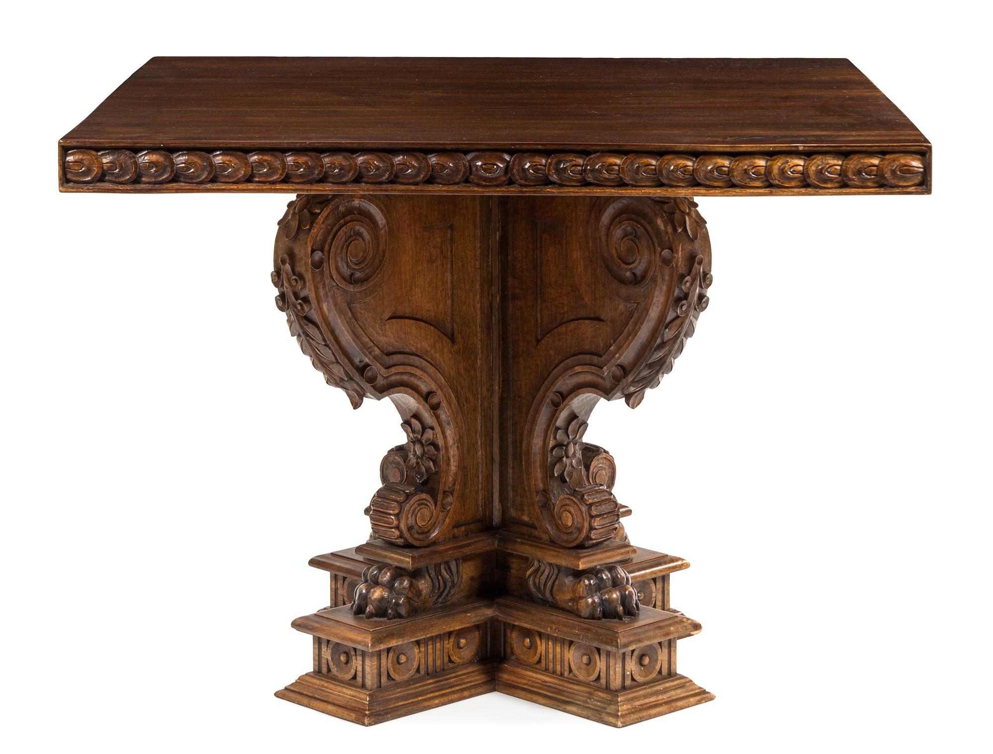 An Italian Renaissance Style Walnut Pedestal Table Height 29 1/2 x width 38 1/2 x depth 38 1/2 inches. — 20TH CENTURY