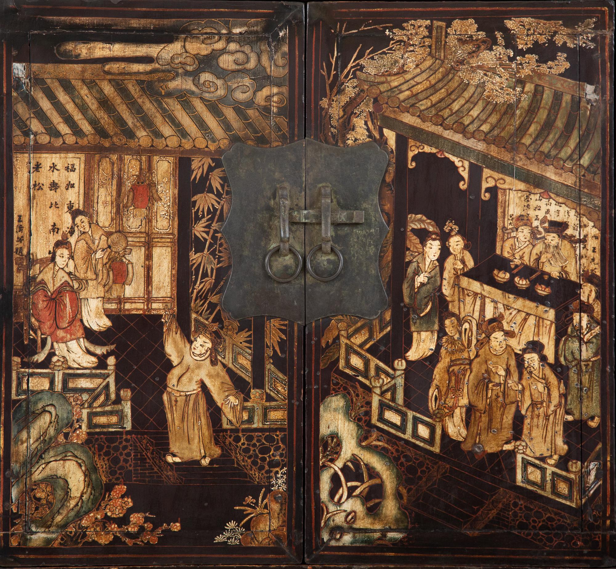 A Chinese Black Lacquer and Polychrome Scholar's Cabinet