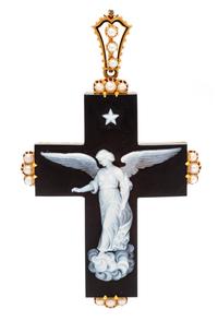 A Victorian Yellow Gold, Agate Cameo, Pearl and Enamel Cross Pendant/Brooch, 23.40 dwts.