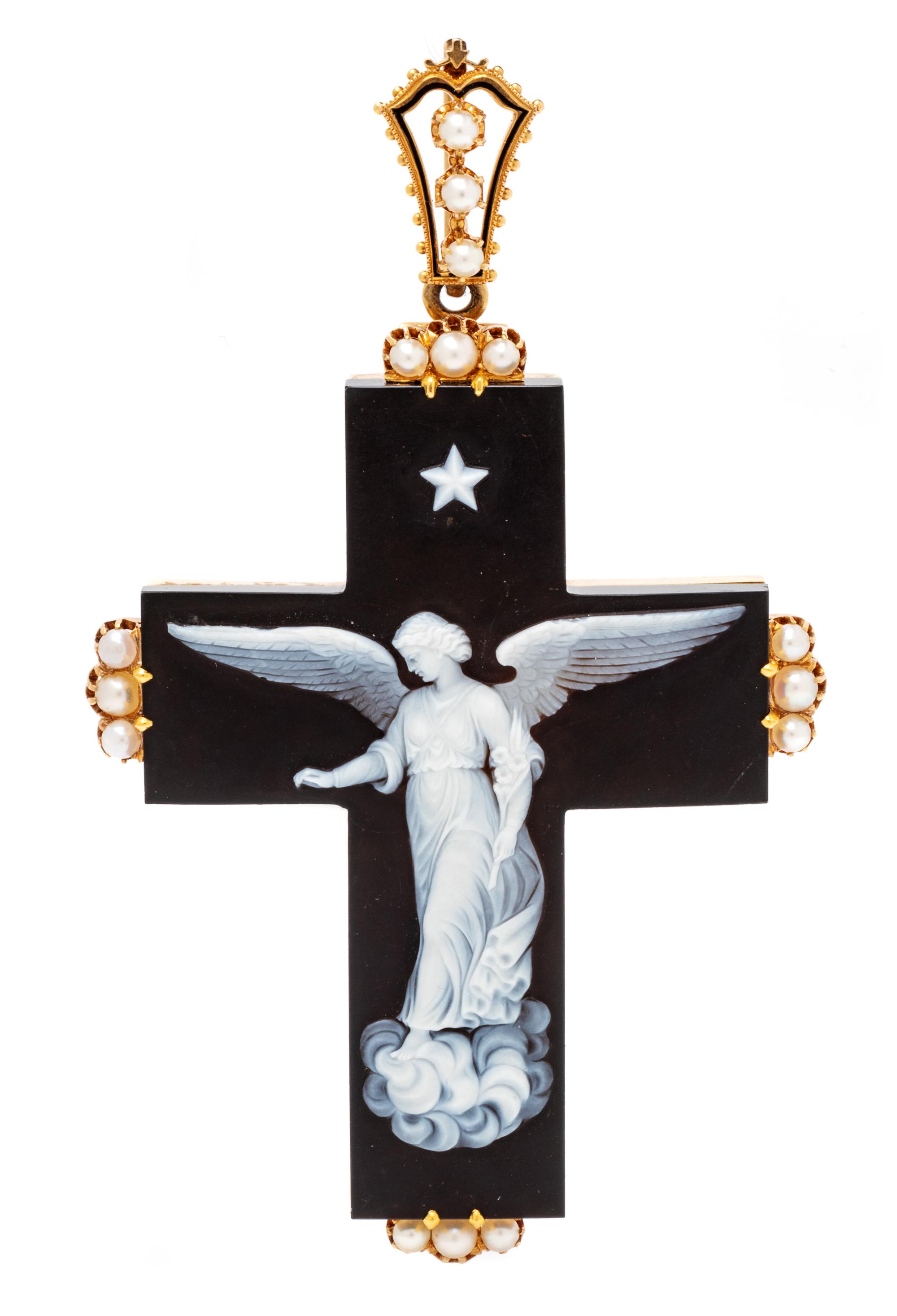 A Victorian Yellow Gold, Agate Cameo, Pearl and Enamel Cross Pendant/Brooch, 23.40 dwts.