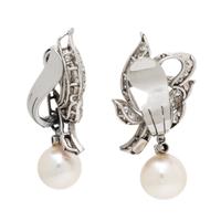 Diamond, Cultured Pearl, and Platinum Earrings