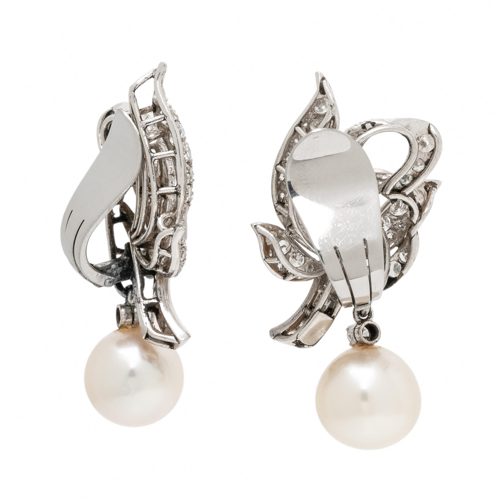 Diamond, Cultured Pearl, and Platinum Earrings