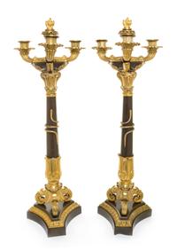 A Pair of Neoclassical Gilt Bronze Four-Light Candelabra Height 26 1/2 inches.