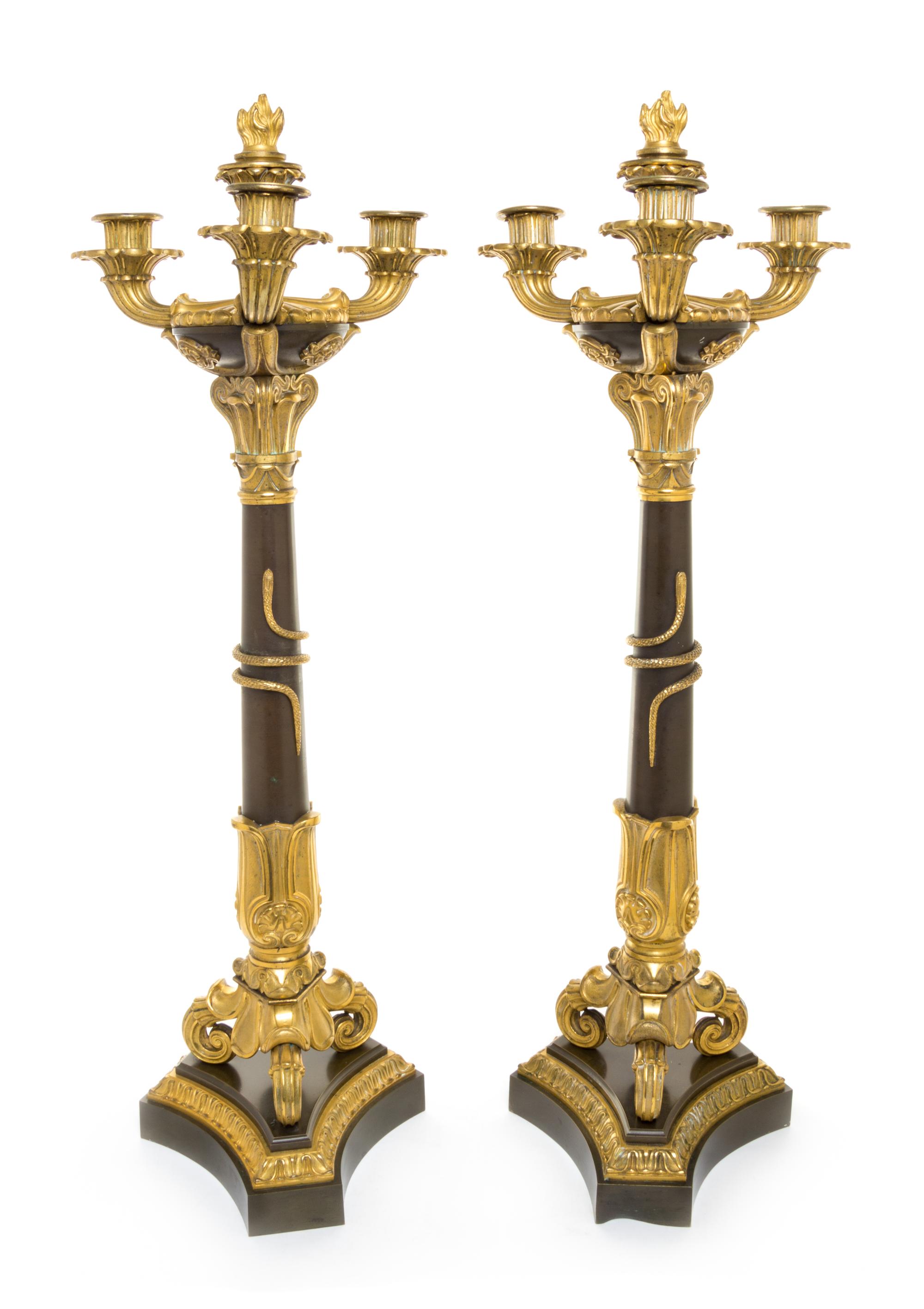 A Pair of Neoclassical Gilt Bronze Four-Light Candelabra Height 26 1/2 inches.