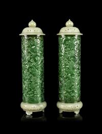 A Pair of Spinach Jade Parfumiers and Carved Celadon Jade Covers