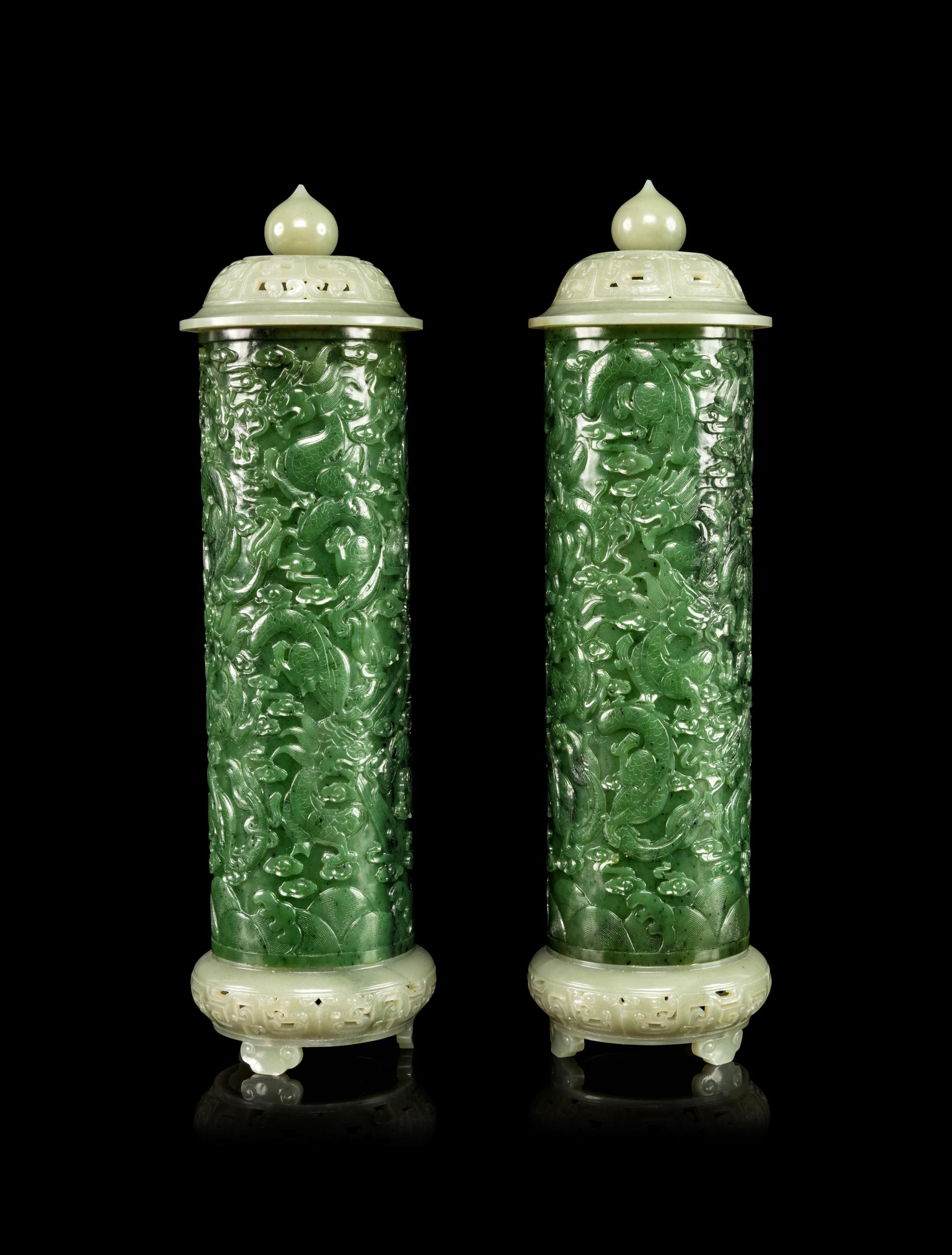 A Pair of Spinach Jade Parfumiers and Carved Celadon Jade Covers