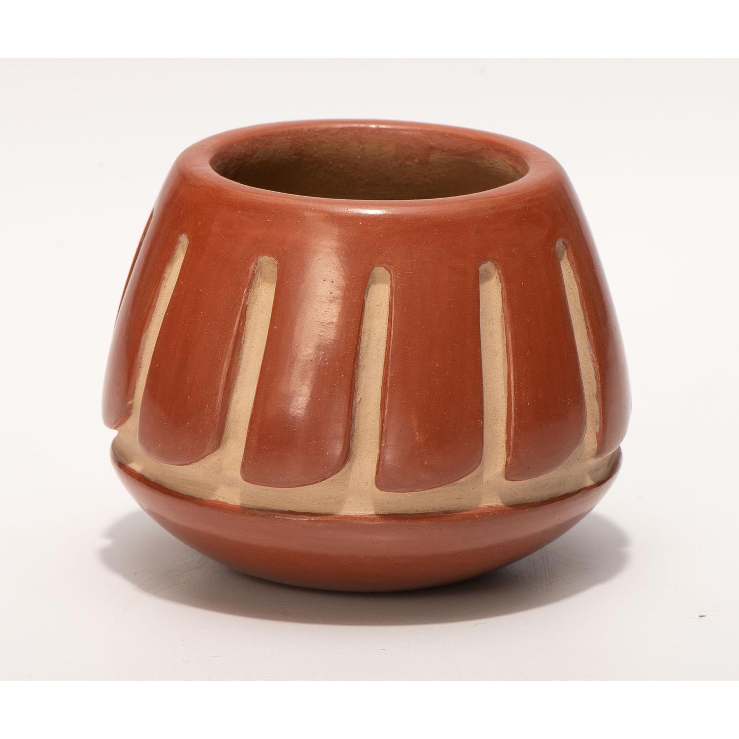 Carved Redware Jar, with Repeating Feather Design