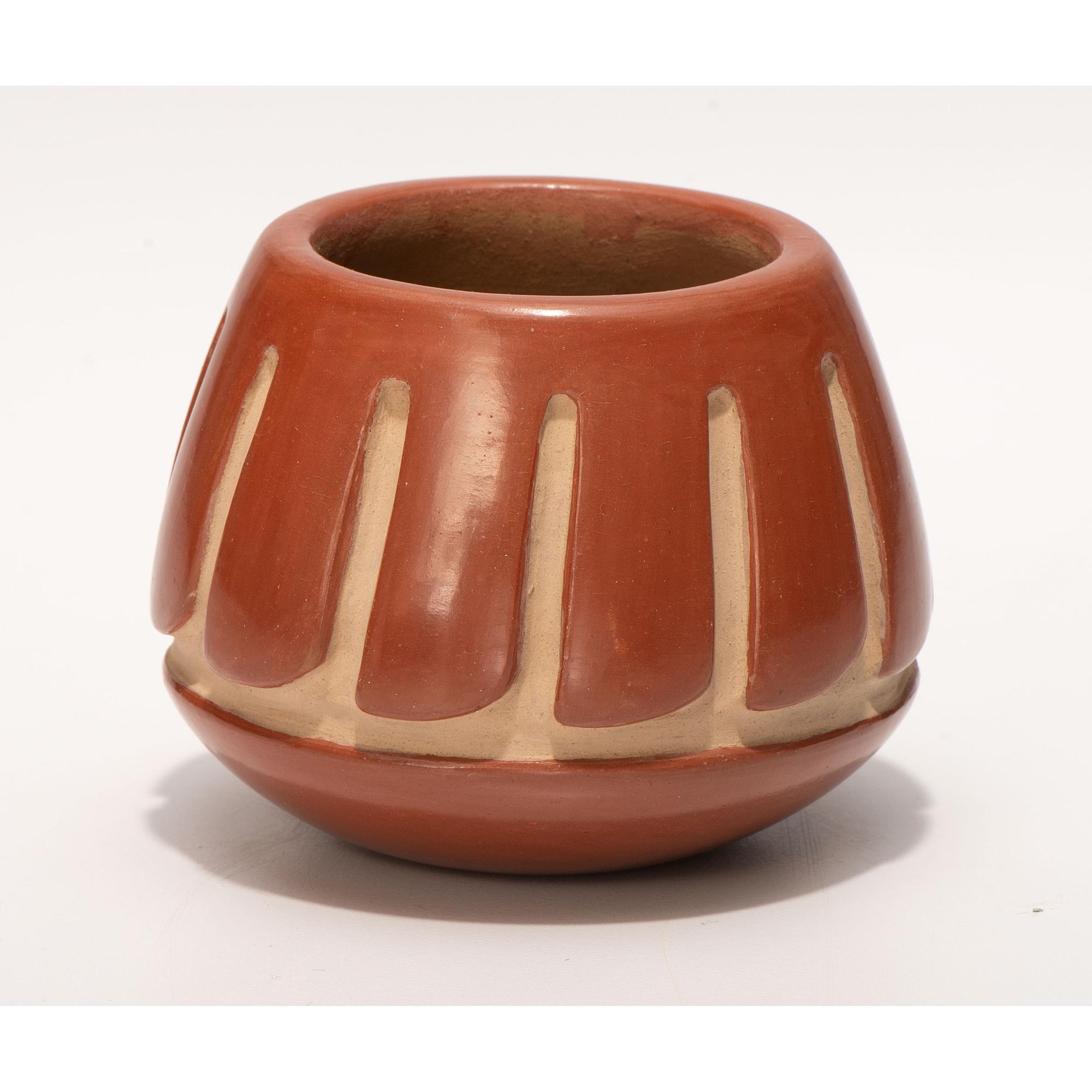 Carved Redware Jar, with Repeating Feather Design