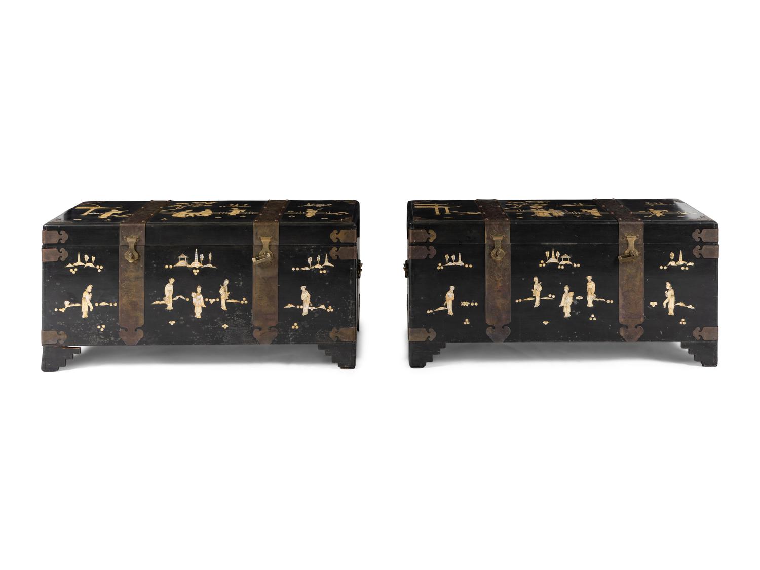 A Pair of Chinese Export Painted and Black Lacquer Chests