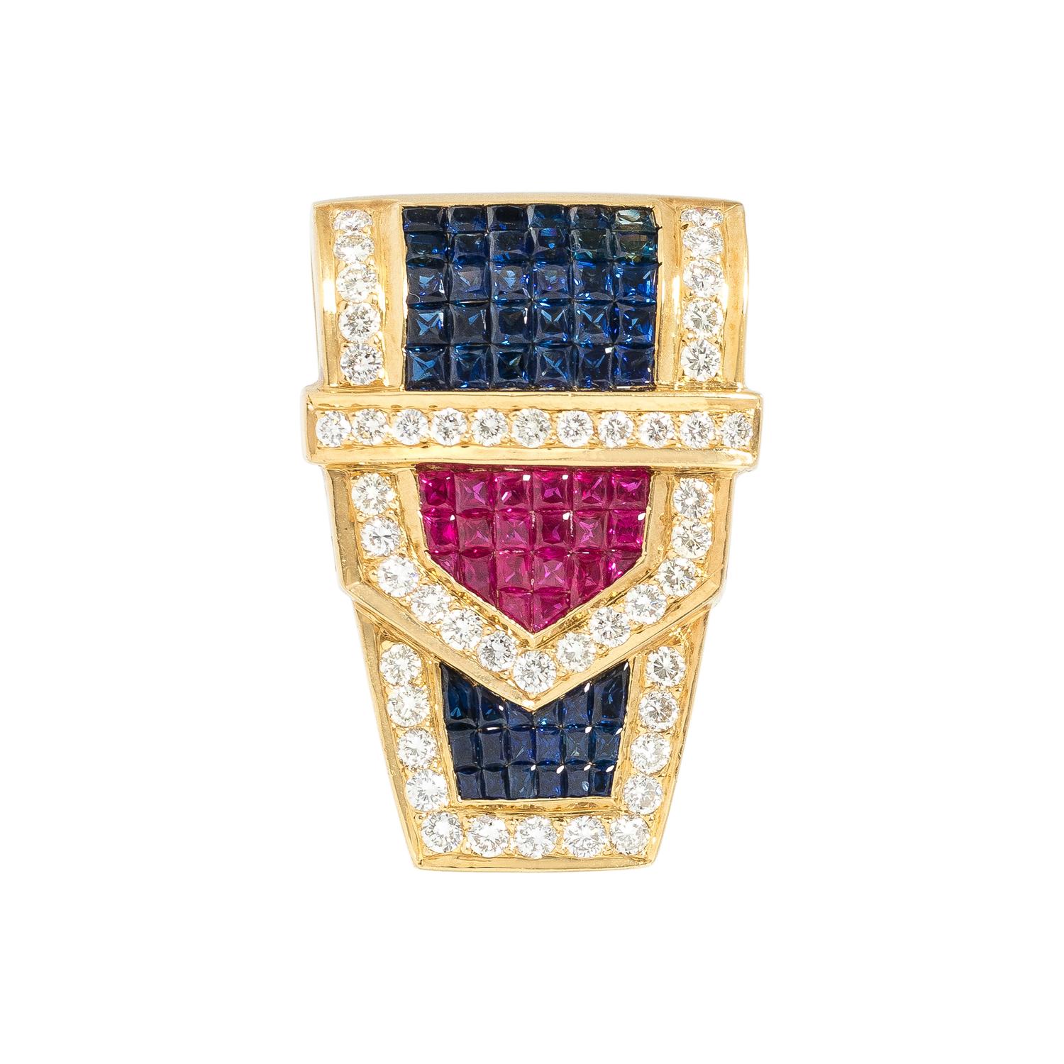 SAPPHIRE, RUBY AND DIAMOND PENDANT