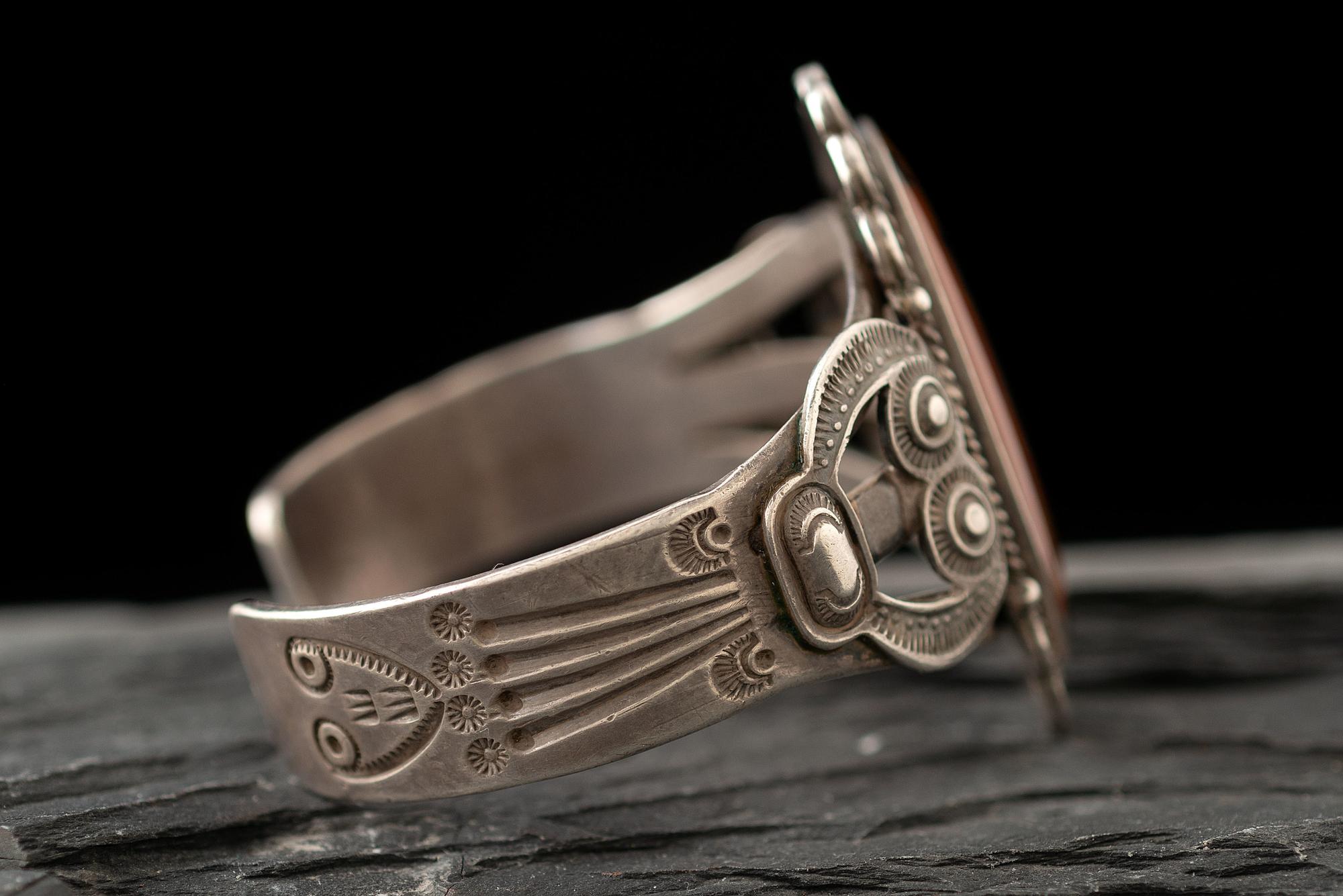 Heavily Stamped Split Shank Cuff, with Petrified Wood Cabochon